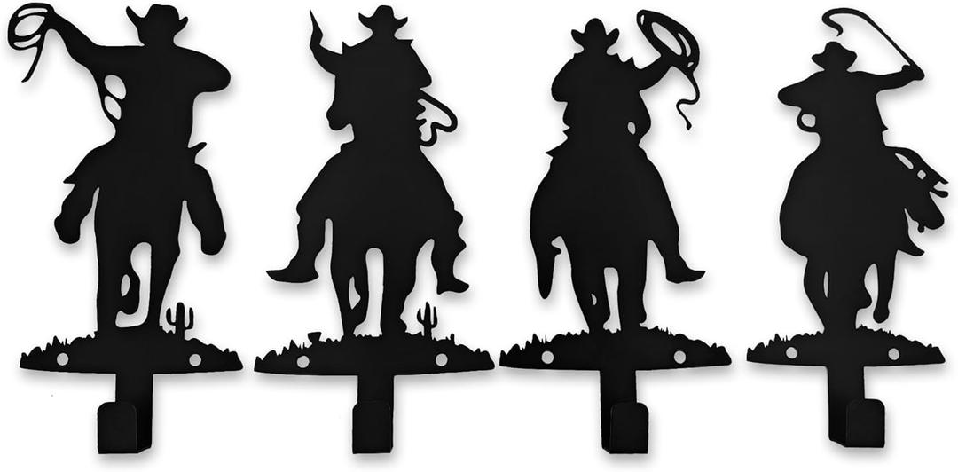 Western Cowboy Metal Wall Hooks Set of 4 Unique Riding Cowboy Designs for Western Room Decor, Entryways,or Cabinets
