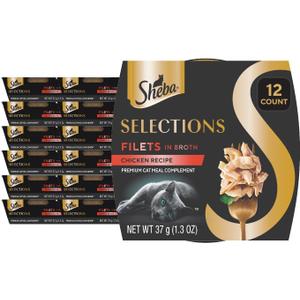 Sheba Selections Filets in Broth, Adult Cat Food Wet Recipe, Meal Complement, Chicken Recipe, 1.3 oz. Cups, 12 Count (BBD 07/14/2027)