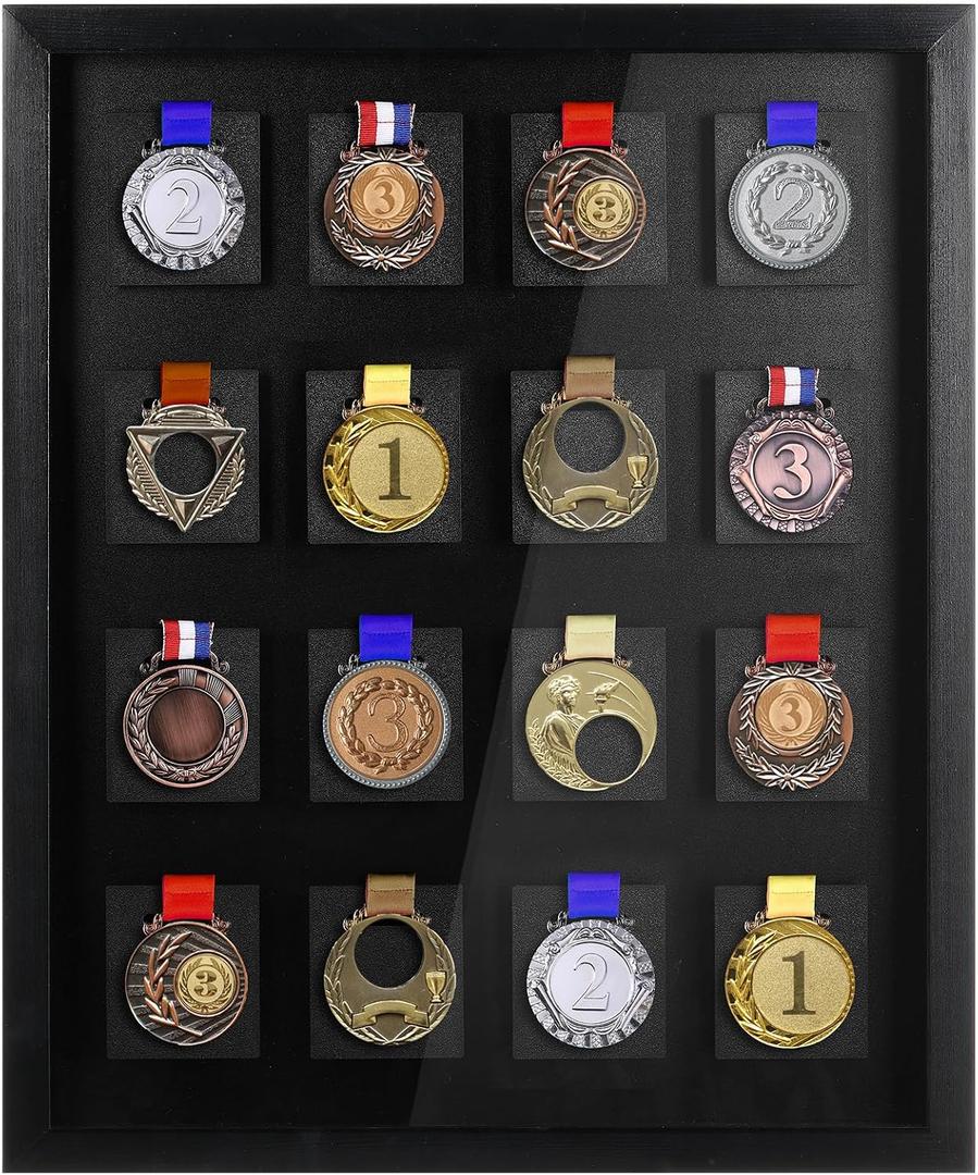 16 Medals 3D Large Medal Shadow Box Display Case with Glass Cover, Medal Holder Display Frame 98% UV Protection 23.6 x 19.7 Inch for Runners Marathon Triathlon Soccer Gymnastics All Sports