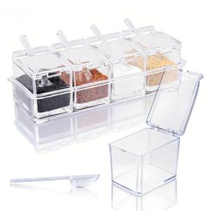 Clear Acrylic Seasoning Box, 4 Pieces Seasoning Rack Spice Pots, Condiment Storage Containers with Lids and Spoons, Toppings Containers for Salt, Spice, Pepper, Sugar, Cardamon, Cinnamon