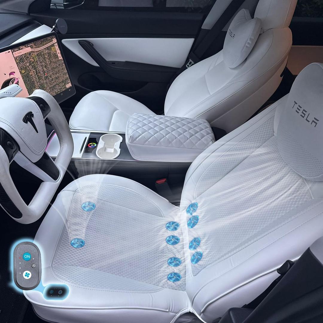 Car Cooling Seat Cover for Tesla Model 3/Y, 12V 3 Speed Control Ventilated Seat Cushion, Car Seat Cooling Pad for Tesla Model 3/Y 2016-2024 (White-Main & Co-Pilot)