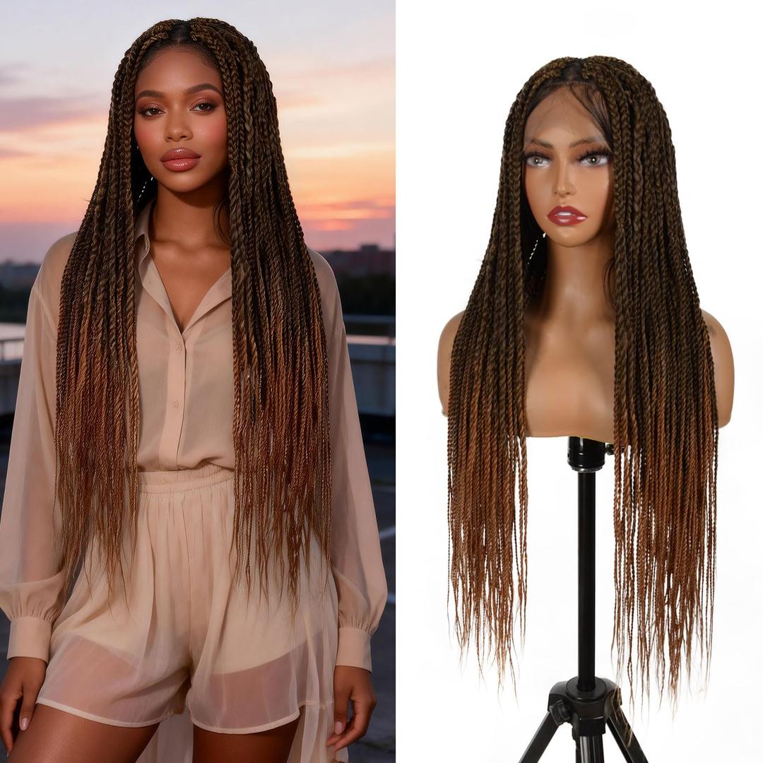 BrittyHair Full Lace Knotless Box Braided Wigs for Black Women Double Full Lace Front Braided wig Glueless Braided Wigs with Baby Hair Synthetic Braided Lace Front Wigs(32 Inch, Brown Ombre Blonde)