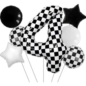 2 x Race Car Party Decorations  7PCS Black, White & Checkered Foil Balloons Set with Stars, Rounds & Checkered Number 4 Foil Balloons for 4th Racing Birthday Party Supplies