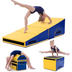 MABOZOO Folding Gymnastics Incline Mat, High Density Foam Cheese Wedge Mat for Kids Tumbling & Home Gym, Non-Slip Folding Skill Trainer for Gymnastics, Stretching, Martial Arts (Yellow & Blue)