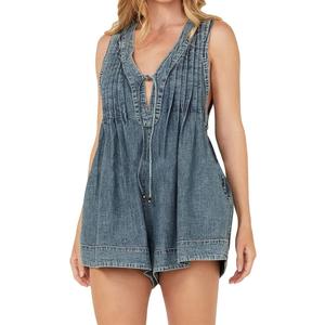 Womens Casual Sleeveless Denim Short Jumpsuit High Waist V-Neck Tie Front Washed Jean Romper with Pocket (S)