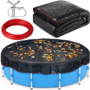 27.8 Ft Round Leaf Cover for Above Ground Pool, Durable Black Safety Screen Mesh Tarp Cover with Winch & Cable with Winch & Cable for Leaves and Debris for 24 Ft Round Pools, 27'11"