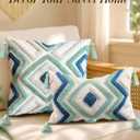 Throw Pillow Covers 18x18 - Tufted Decorative Pillow Cover with Zipper for Couch Sofa Bed Living Room Aesthetic Tassels Textured Striped Farmhouse Indoor Pillowcases, Green Blue Rhomb