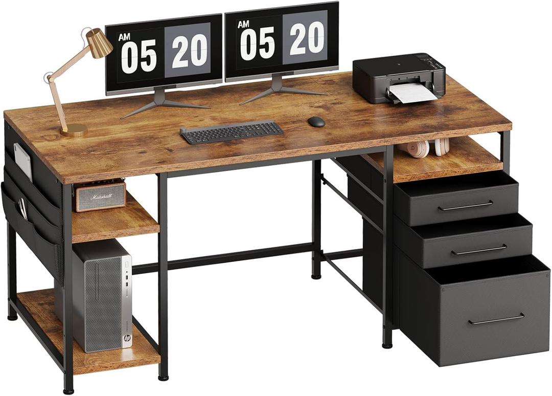 Maihail Home Office Desk with Drawers Adjustable Shelves, 59 inch Writing Desk with File Cabinet, Large Computer Desk with Storage, Rustic Brown