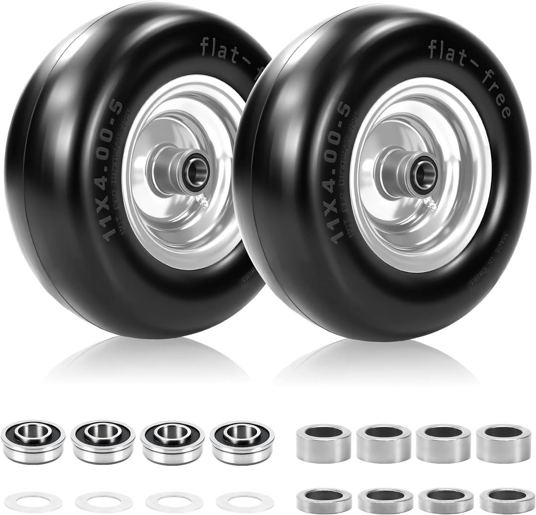 11x4.00-5" Flat Free Lawn Mower Tire and Wheel, Universal 11x4-5 Solid Smooth Replacement Tires for Zero Turn Lawn Mowers, with 3/4" & 5/8" Bearings, 3.4"-4.8" Centered Hub, 350lbs, Gray Rim, 2Pack