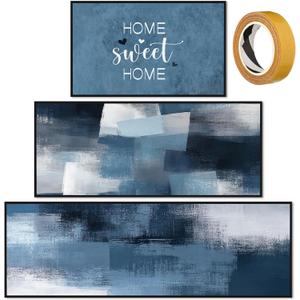 Fourluoo Sets of 3 Blue Kitchen Rugs and Mats Blue Kitchen Rugs Non Slip Washable Door Mats for Floor Home Bathroom Cabin Farmhouse Decor, 3 Sizes
