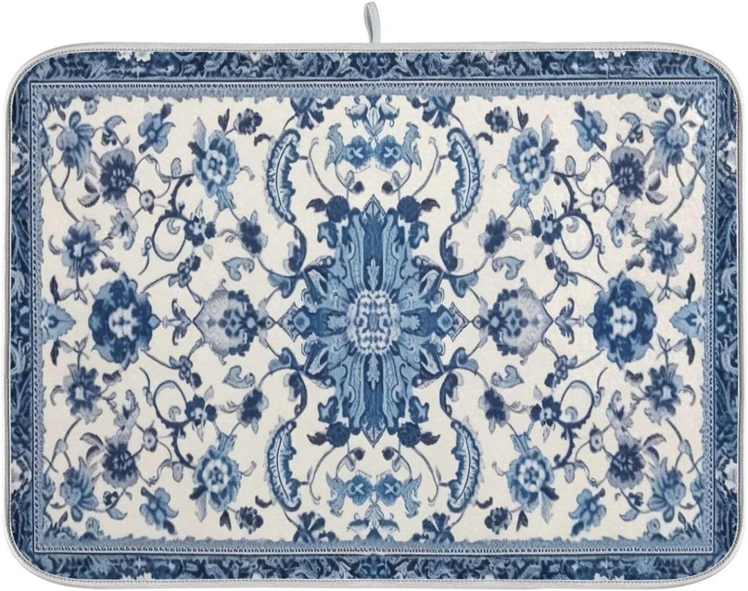 Dish Drying Mat Kitchen Counter Absorbent Blue and White Pattern Coffee Sink Mat Dish Drainer Pad 18 Inch x 24 Inch, Blue and White Pattern
