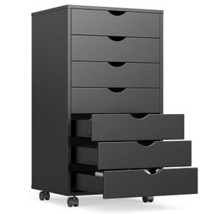 OLIXIS 7 Drawer Mobile File Cabinet Under Desk Storage Organization with Wheels Vertical Filing Chest Rolling Wood Small Desk Printer Stand for Home Office, 15.75"D x 18.74"W x 34.25"H, Black