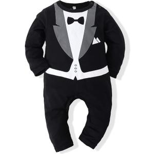 Kimocat Baby Boy Romper Tuxedo Jumpsuit Gentleman One-Piece Button-Down Bowtie Wedding Suit Bodysuit (6-12 Months)