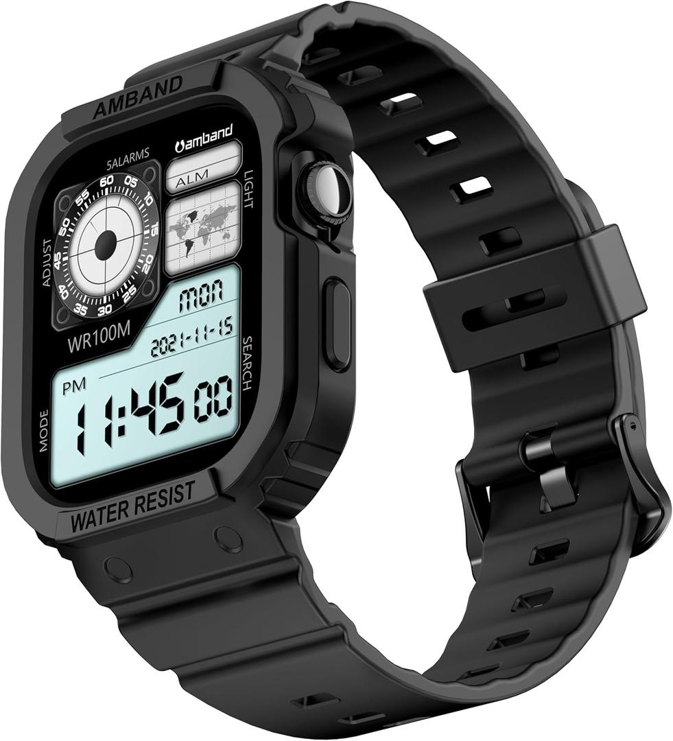AmBand E1 Rugged Band & Case for Apple Watch Compatible with Series 111, SE3/SE2/SE and Ultra 3/2/1, Lightweight Shockproof Design (Black)