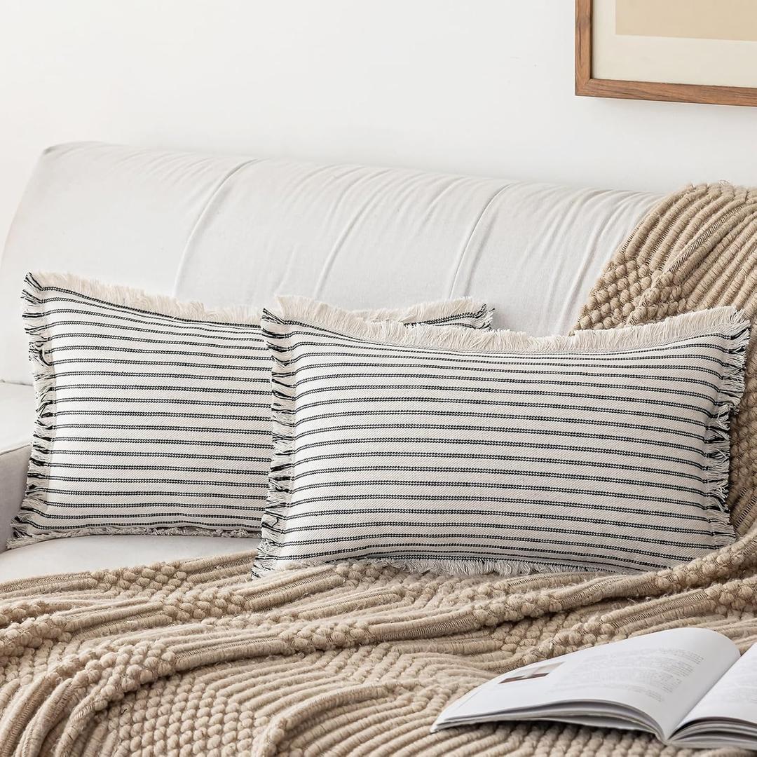 Throw Pillow Covers 12x20 Set of 2 Striped Fringe Pillow Cover Farmhouse Cushion Covers with Tassel Neutral Boho Pillows Decorative Square Pillowcase for Couch Sofa Bed, Black
