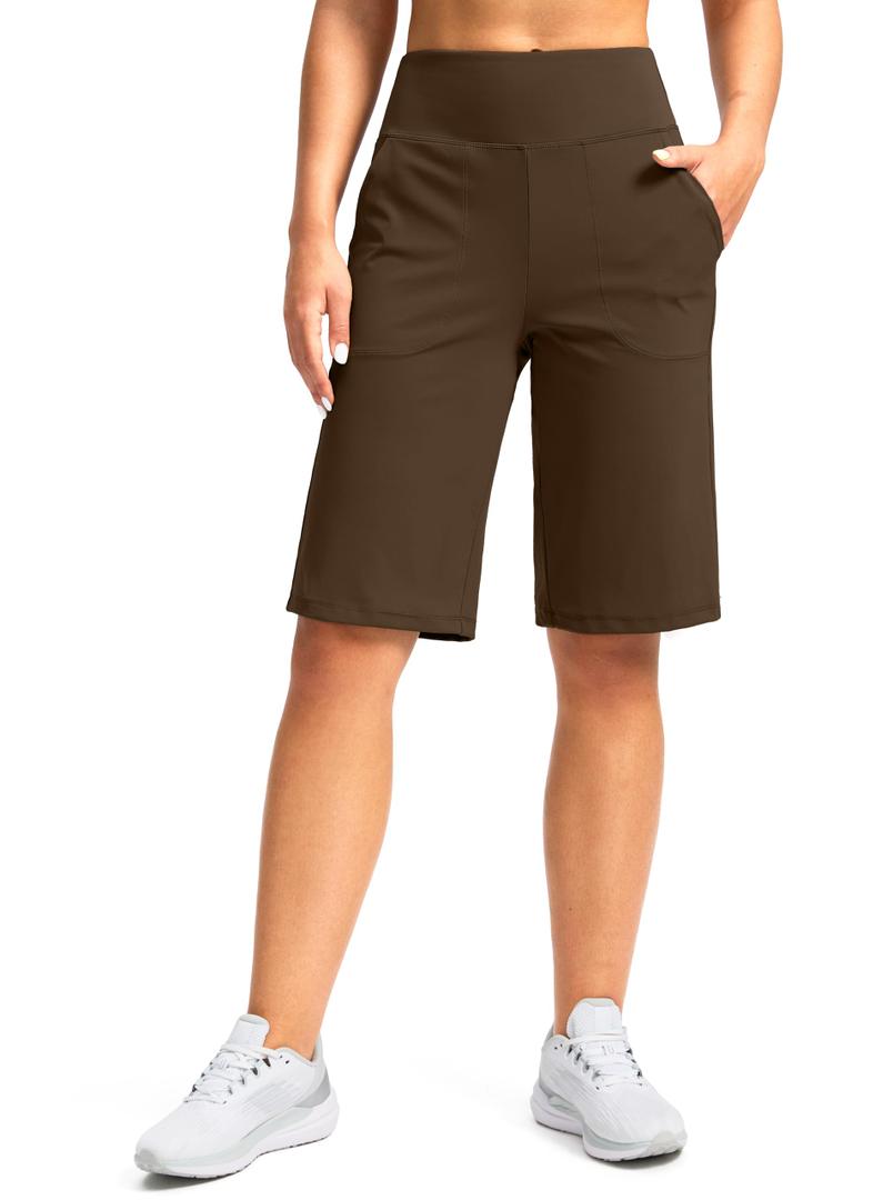 Women's Bermuda Shorts 12" Knee Length with Pockets High Waisted Stretch Long Shorts for Women Casual Walking (Brown, S) (Brown)