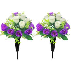 Artificial Cemetery Flowers,Cemetery Flowers for Grave,Outdoor Grave Decorations Roses,Memorial Flowers Bouquet with Cemetery Vase for Headstone Tombstone Decoration,2 Sets (Purple White)