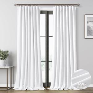 White Linen Blackout Curtains for Bedroom 96 Inch Length 2 Panels Set Back Tab Pocket Neutral Farmhouse Living Room Darkening Curtains Track System Thermal Insulated Black Out Drapes 52x96