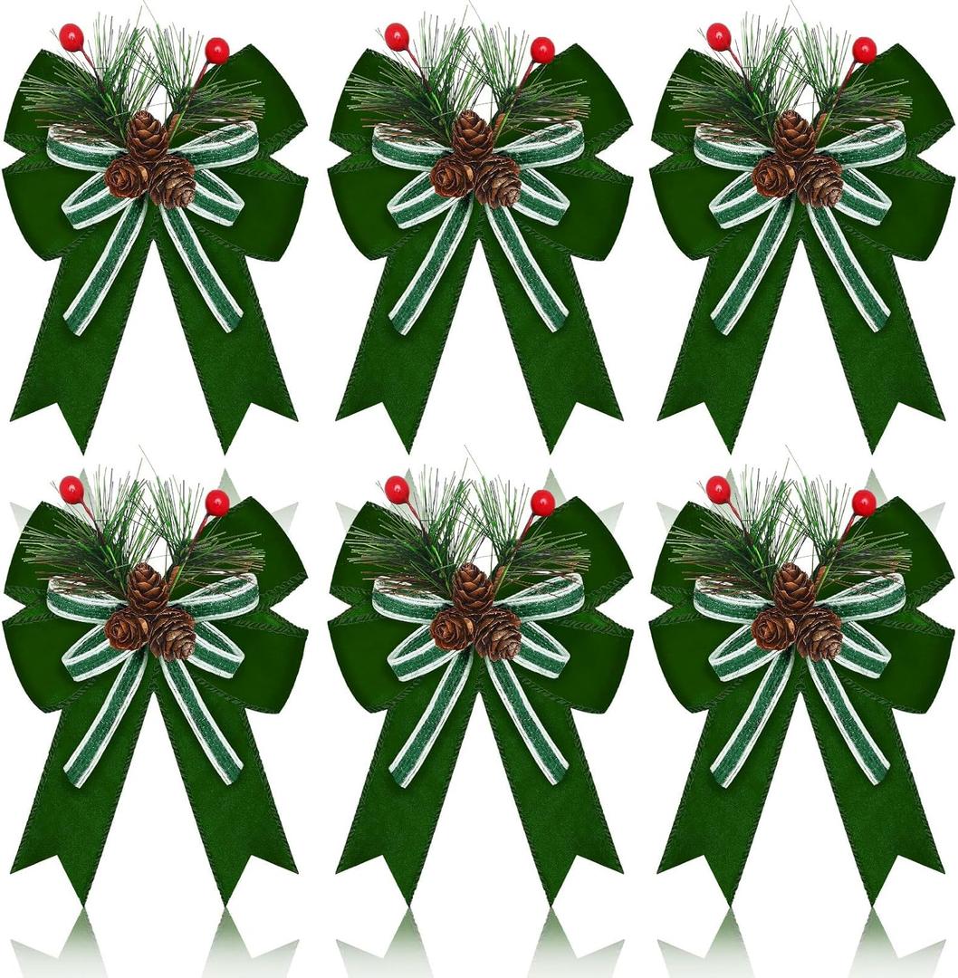 6 Pcs Christmas Velvet Bow with Pine Cones Pine Needles Xmas Sage Green Ribbon Bow Ornaments for Christmas Tree Wreath Garland DIY Crafts Decoration