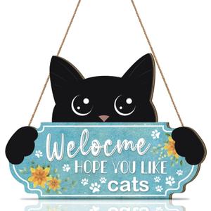 Funny Black Cat Wooden Decoration,Welcome Hope You Like Cats Decor,Cat Wall Decor,Cats Lovers Gifts,Kitty Door Hanger,Kitten Wooden Plaque,Cute Pet Wall Hanging Sign for Porch Yard Bedroom Home (Blue)