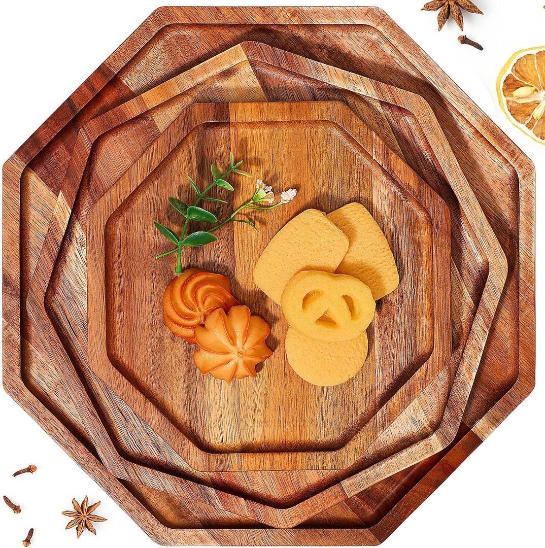 3 Pieces Acacia Wood Serving Tray Wooden Octagon Bread Fruit Platter Large Decorative Plates Charcuterie Cheese Platter Board Vegetable Food Dish for Salad Pizza Cupcakes (12 Inch, 10 Inch, 8 Inch)