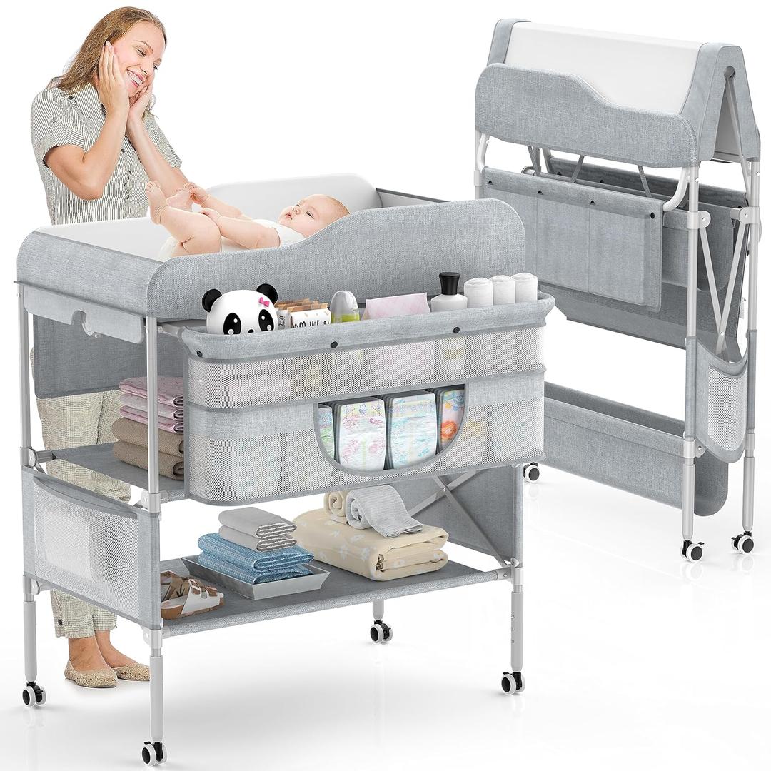 Portable Baby Changing Table, Foldable Changing Table Dresser Baby Changing Station, Height Adjustable Waterproof Diaper Changing Table Pad Topper, Newborn Nursery Organizer