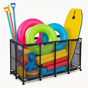 Pool Storage Cart Organizer with Nylon Mesh Basket, Rolling Storage Bin for Pool Accessories and Beach Towels Large Capacity, 4 Grids, 65" Lx31 Wx34 H, Black