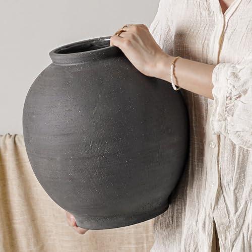 Black Ceramic Vase - Large 9.8 Inch Round Floor Vase for Centerpieces, Farmhouse Rustic Minimalist Home Decor (Sandstone Black)