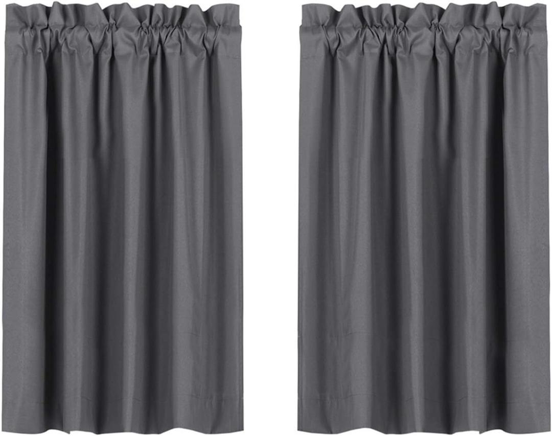 Valea Home Blackout Short Curtains Waterproof Soft Rod Pocket Kitchen Curtains for Bathroom Window Room Darkening Small Curtains for Bedroom, 2 Panels, 45 inch Length, Grey