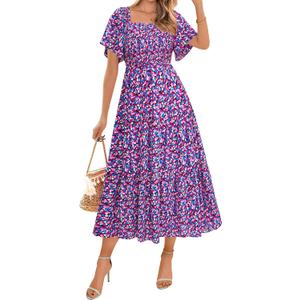 BTFBM Women's Clothing Wedding Guest Dresses Casual Boho Floral Short Sleeve Smocked Maxi Beach Spring Summer Dress 2026 (S)