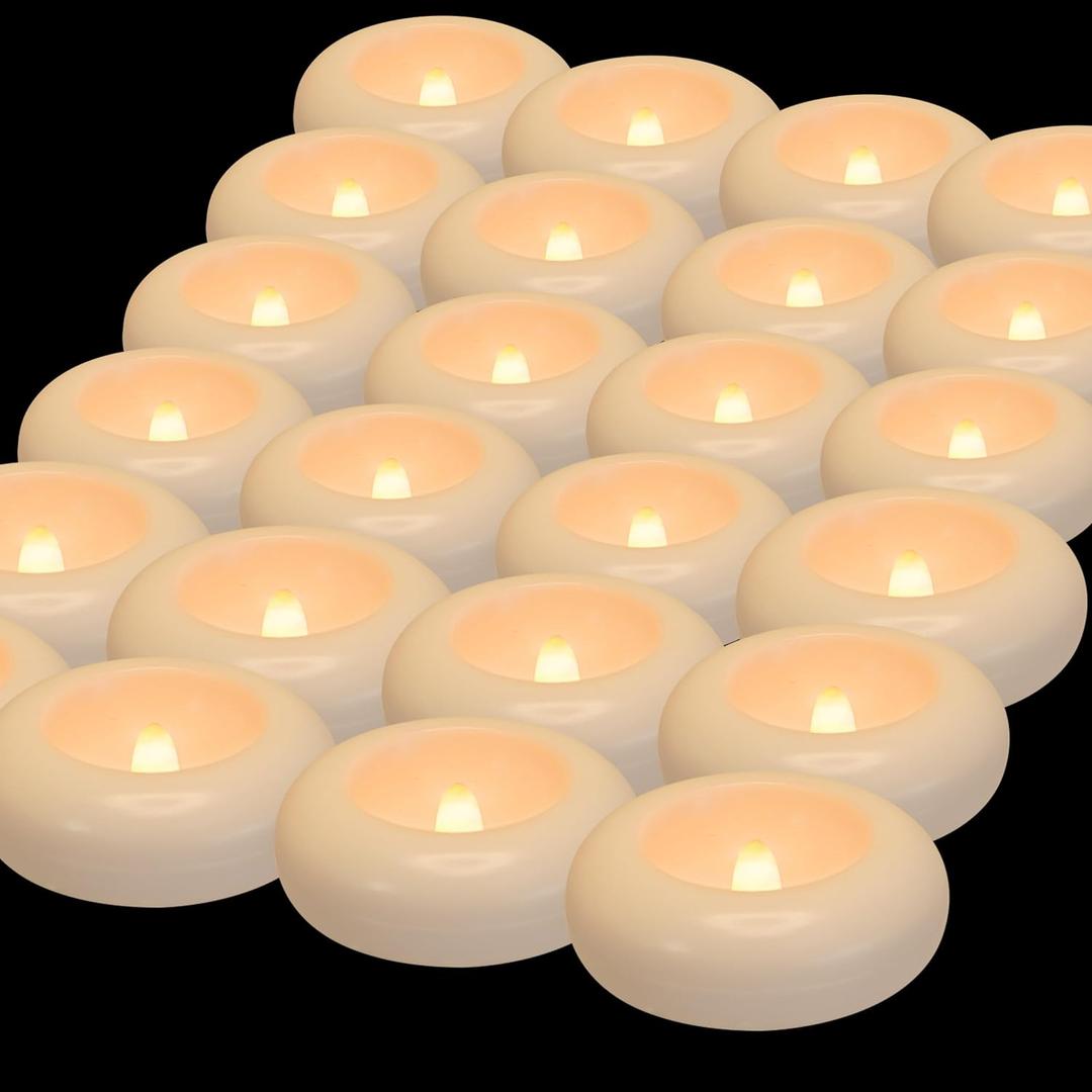 Aignis 24 Flameless LED Floating Candles, 3-Inch Plastic Battery Operated Tealights, Glow Time Over 120 Hours, Cozy Romantic White Light, Suitable for Pool/Bathtub/Hot Bath/Wedding Centerpiece Decor