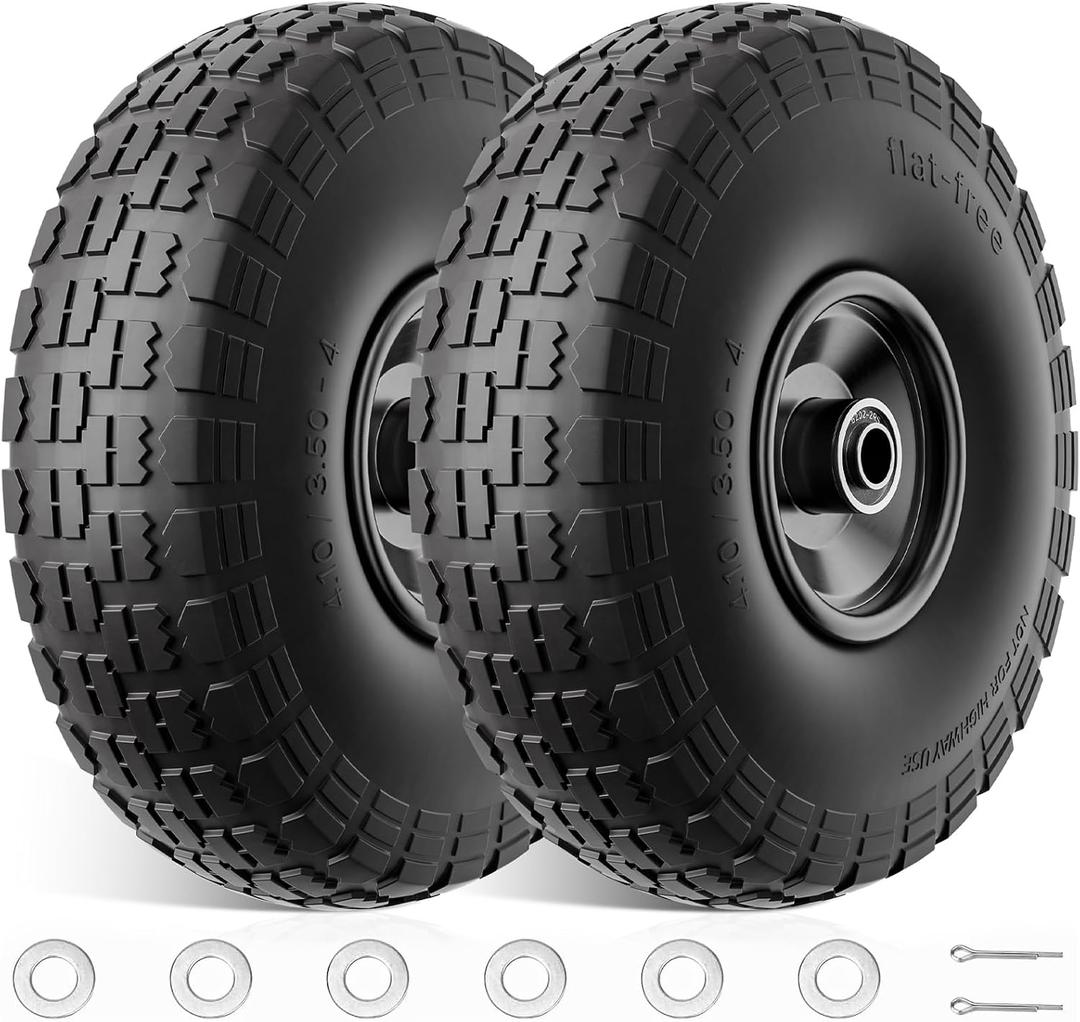 2 Pack 4.10/3.50-4 Tire and Wheel Flat Free, 10 inch Wheels 5/8" Bearings, 2.2" Offset Hub, Solid Tires for Garden Cart, Wheelbarrow, Hand Truck, Lawn Cart, Dolly, Wagon Wheels Replacement
