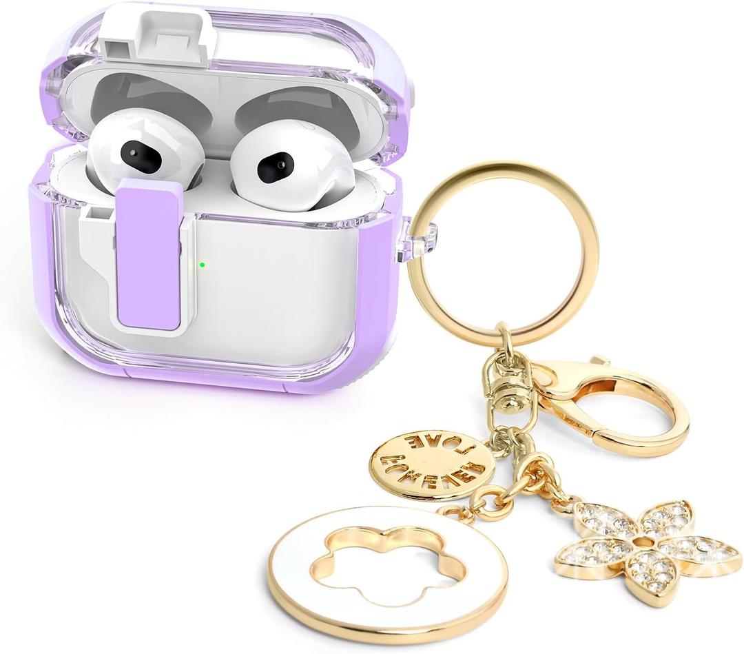 Cases for Cute Airpods 4 Case Cover Women, Clear Airpod 4 Case Lock iPods 4 Cases Hard Protective Air Pods iPods 4th Generation Cas with Bling Keychain for Apple Airpods 4 Gen 2024-Purpl