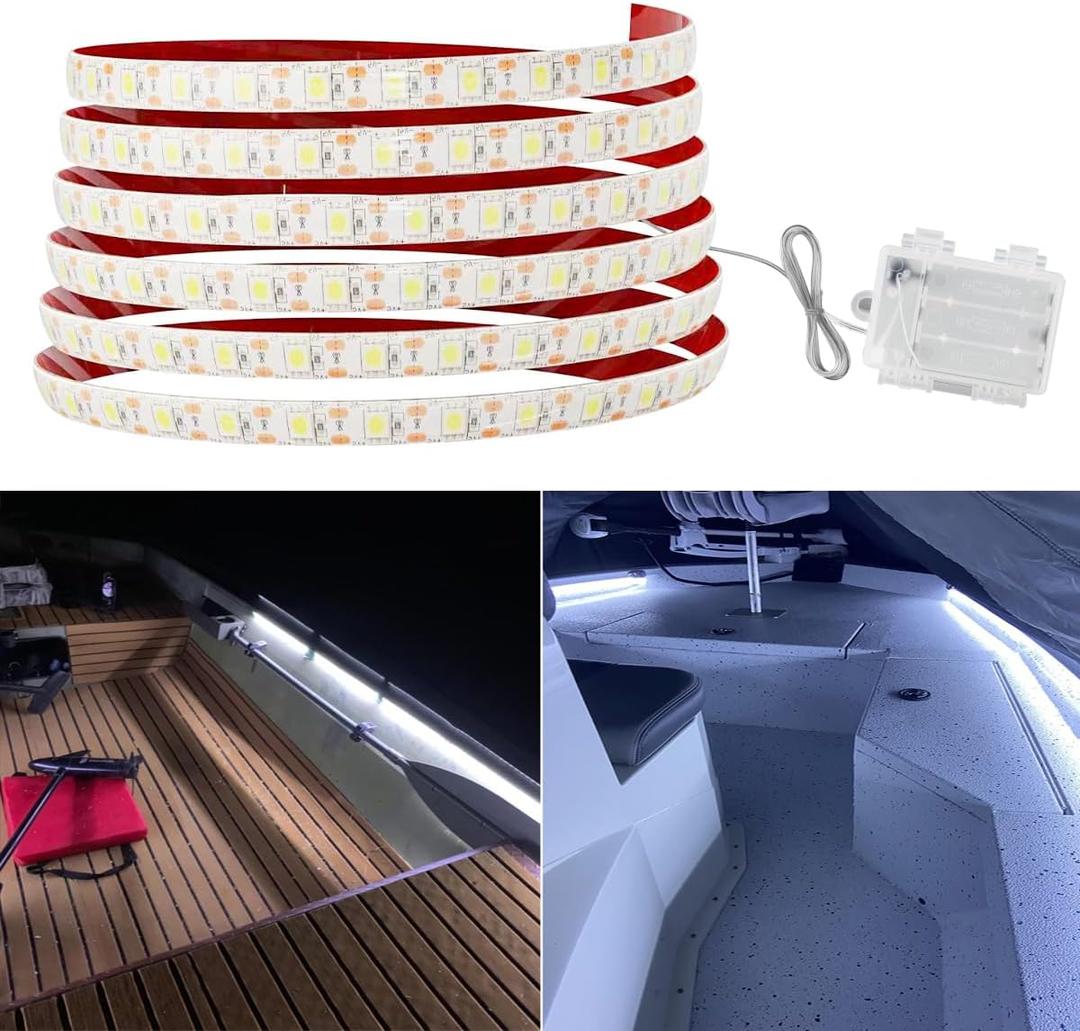 Seaponer Pontoon Boat Lights Battery Operated, Marine LED Strip for Duck Bass Sail Kayak, Wireless Waterproof Lights Strips for Deck Interior Courtesy Lights, Boat Accessories, 5m(16.4ft) (white)