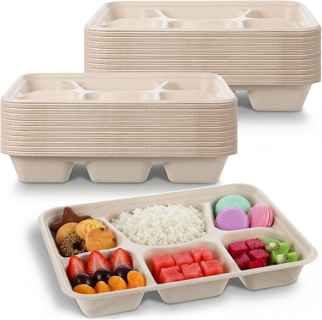 50 Pack 6 Compartment Disposable Plates, Heavy Duty Paper Plates with Compartments, Compostable Bagasse Plate for School, Party & Catering Trays, 11"x8"