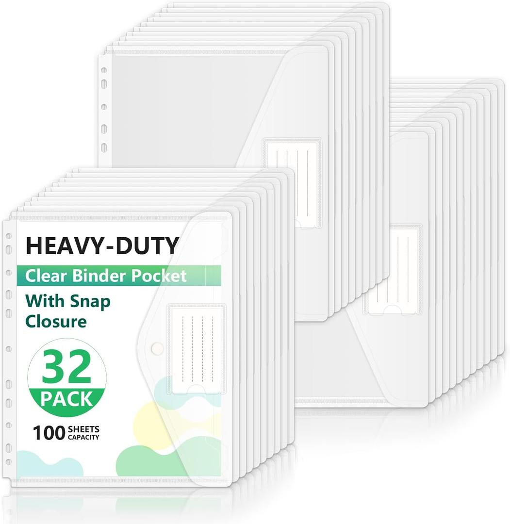 HOUYEE 32 Pack Clear Binder Pocket, 11 Holes Heavy-Duty Plastic Binder Pouch with Snap Closure for 2/3/4 Ring Binder, Clear Binder Folders for School Office, 8 Mil,100 Sheet Capacity, Letter Size