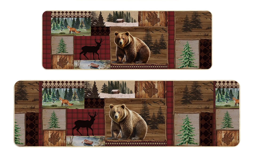 Pickmesh Set of 2 Kitchen Mats Cabin Bear Rugs Woodland Nursery Rug Decor Rustic Lodge Theme Area Rug with Bear and Cub Mountain Scene Cabin Rug for Home Bathroom (Multicolor,Woodland)
