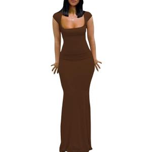 Womens Summer Cap Sleeve Square Neck Elegant Casual Lounge Bodycon Slim Maxi Evening Party Long Dress (Large, Brown)