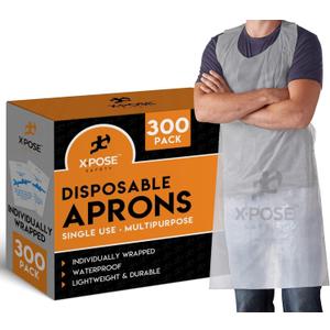 Xpose Safety 300 White Plastic Disposable Aprons for Cooking & more Individually Packaged, Durable 1 Mil Waterproof Polyethylene 24" x 48"