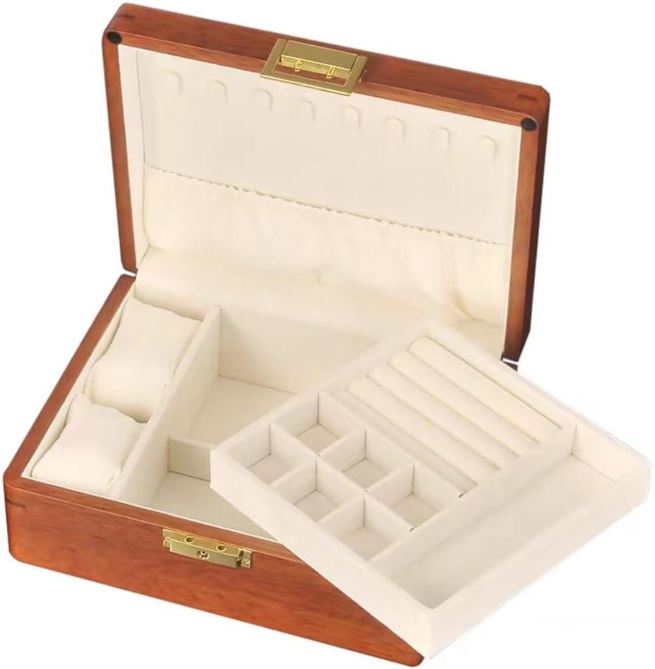Bescott 2 Layer Solid Wooden Jewelry Box with Lock and Key for Women Men Vintage Velvet Wood Jewelry Organizer Storage for Earrings Rings Necklaces Bracelet Watch Mothers Day Gift