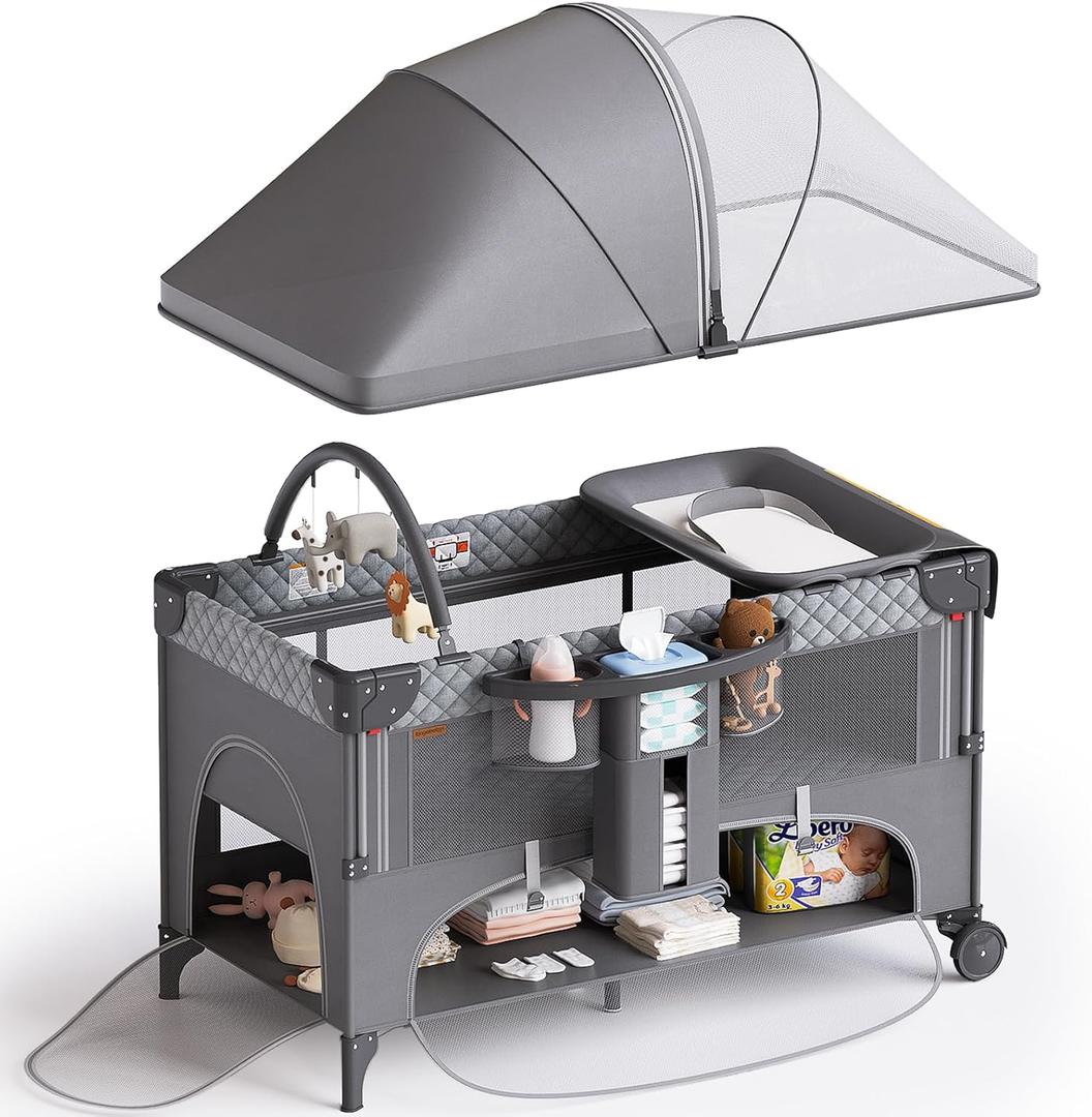 4 in 1 Baby Bassinet,Pack and Play,Bedside Crib Sleeper,Baby Bassinets Bedside Sleeper with Diaper Changer, Mosquito Net,Bottom Storage and Toy Bar for Newborn to Toddles (Grey)