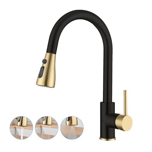 Havin Gold and Black Pull Down Kitchen Faucet with ABS Sprayer,High Arc Stainless Steel Material,with cUPC Cartridge,Sink Faucet Without Deck Plate,Fit for One Hole Kitchen Sink and Laundry Sink