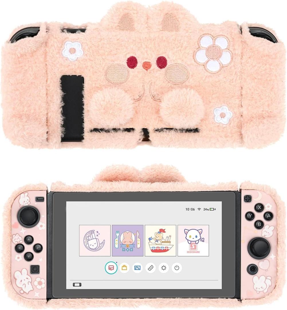 GeekShare Cute Plush Protective Case Cover Compatible with Standard Switch - Shock-Absorption and Anti-Scratch Skin Case for Switch - Plush Rabbit (for Switch 2017)