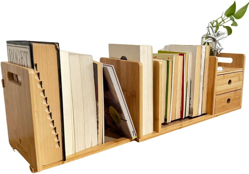 Desktop Bookshelf Expandable with Two Drawer Organizers Made of Bamboo, Collapsible Design & Compartments for Efficient, Clutter-Free Workspace Organization - Sleek Bookshelf, 19.69 x 6.5 x 7.87 inches