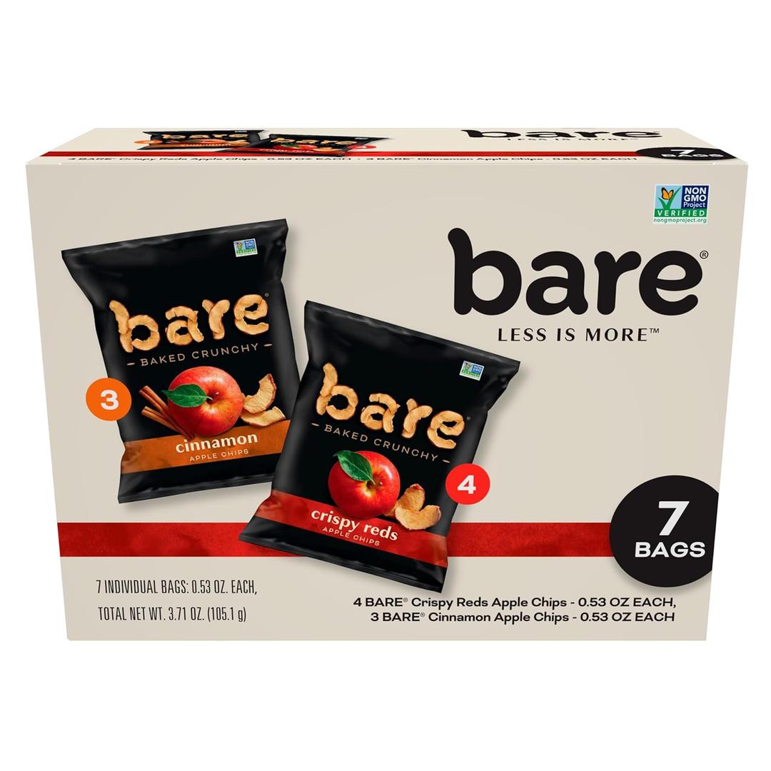bare Baked Crunchy Apple Chips, 2 Flavor Variety, 0.53oz Snack Bags (7 Pack), BBD 12/22/2026