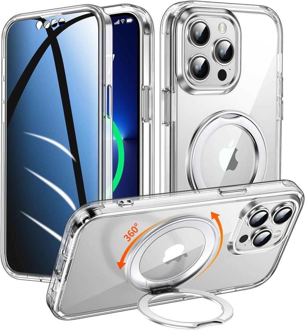 Privacy Case for iPhone 13 Pro Max with 360Stand [Built-in Anti Peeping Screen Protector] [Compatible with MagSafe] [Magnetic Ring ] Full Body Protective Phone Cover 6.7", Clear