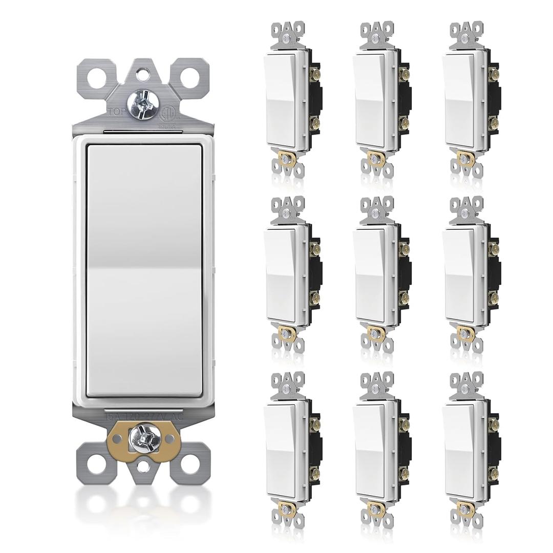 TOPELER 10 Pack 3-Way Decorator Light Switch, Single Pole or Three Way Paddle Rocker Light Switch, 15A 120/277V Electrical Wall Switches, Self-Grounding, Residential Grade, White