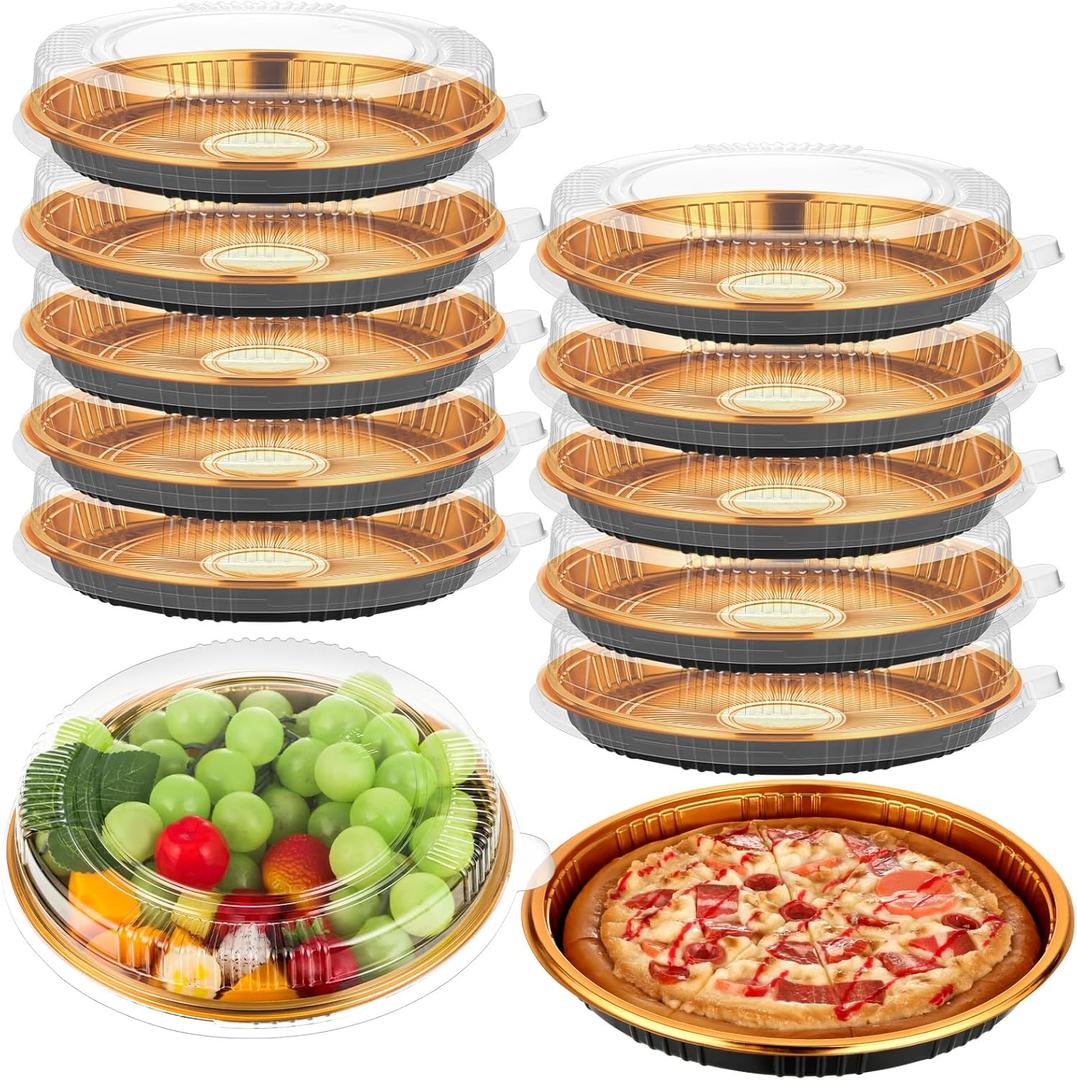 Yoiemivy Disposable Pie Carrier with Clear Lid, 9''/11'' Plastic Serving Tray Round Pie Platters Pizza Container for Pies Salad Meal Prep (12 Pack, 9 inch)