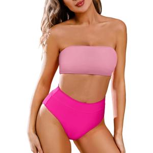 Pink Queen Women's Removable Strap Wrap Pad Cheeky High Waist Bikini Set Swimsuit (Large, 01 - Pink and Rose Red)