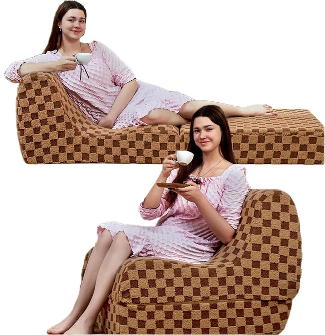 Bean Bag Chair for Adults, Folding Sofa Bed, Convertible Sleeper Lounge Chair, Full Foam Filling Comfy Floor Sofa, Folding Chair Bed for Living RoomBedroom and Office (Brown) (Foldable)